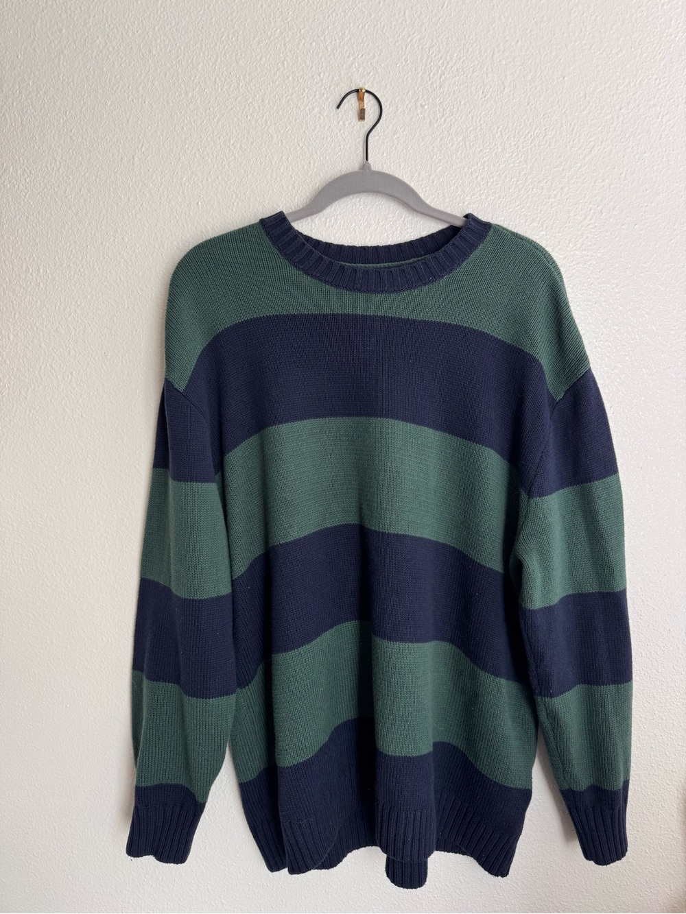 Hollister Navy and Green Striped Crewneck Sweater
